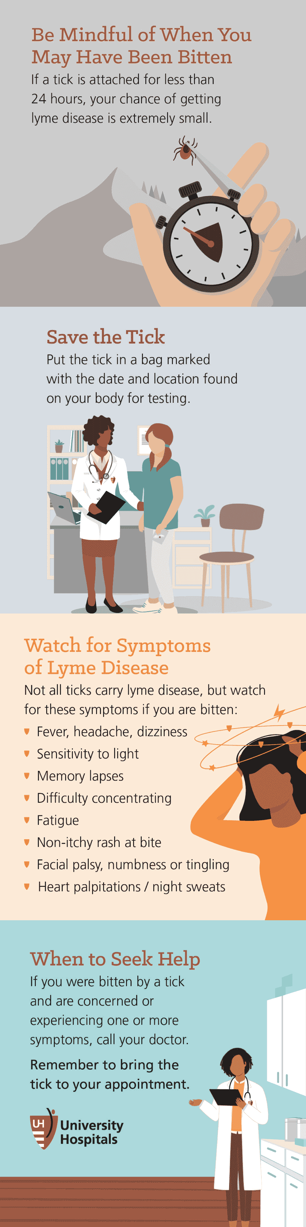 Infographic: 8 Tips to Prevent Lyme Disease: be mindful of when you may have been bitten, save the tick, watch for symptoms of Lyme disease, when to seek help
